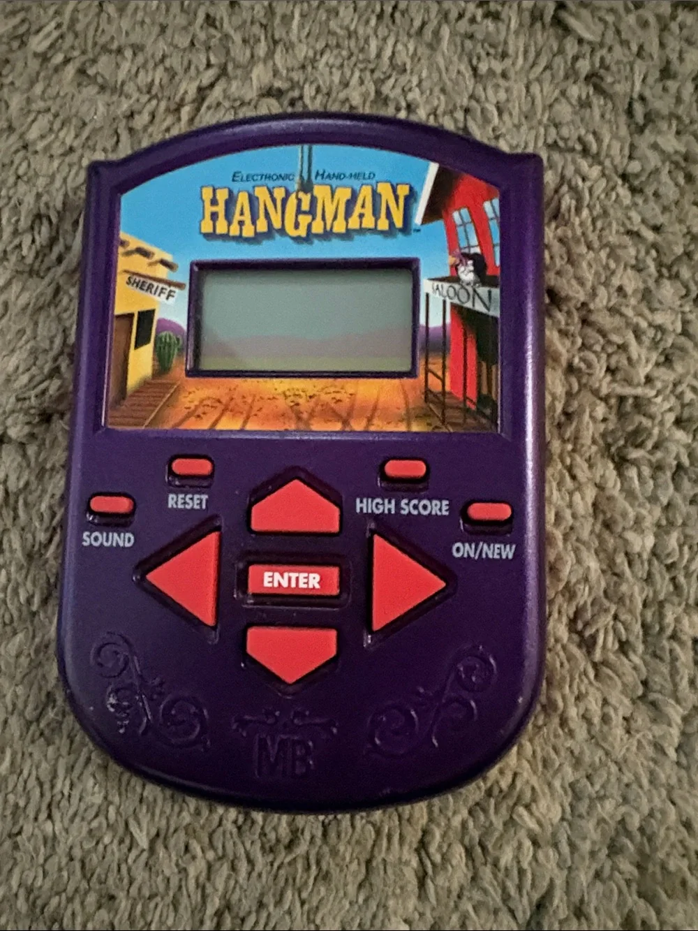 Hasbro Purple Hangman Handheld Game with Red Buttons
